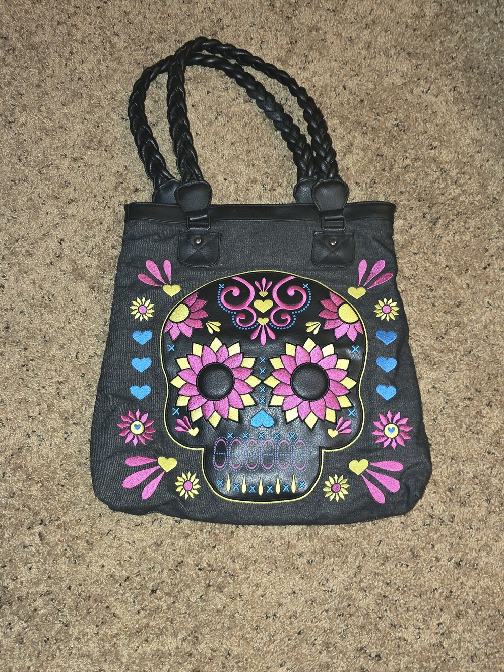 Loungefly Black Tote with Neon Sugar Skull Embroidery